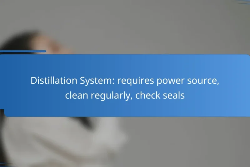 Distillation System: requires power source, clean regularly, check seals